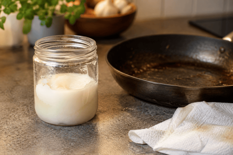 Jar of solidified cooking grease beside a used skillet and paper towel on a kitchen counter