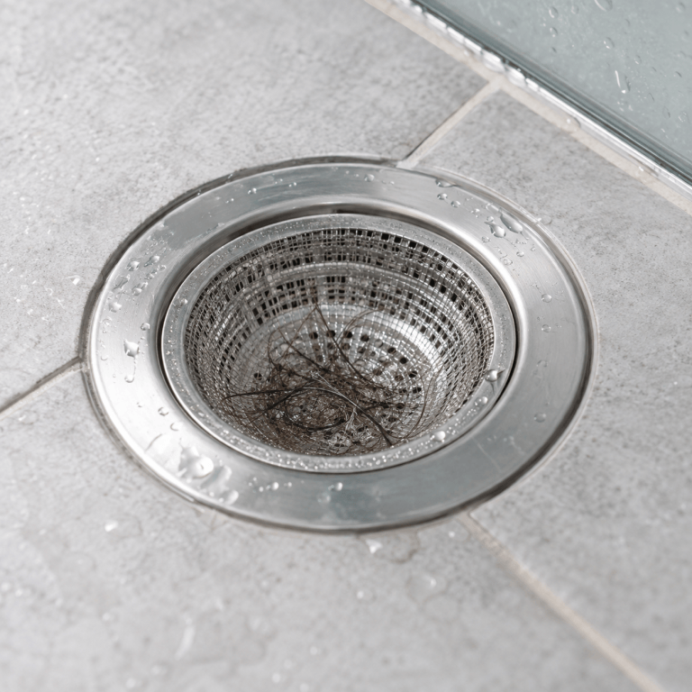Mesh hair catcher in a shower drain holding collected hair