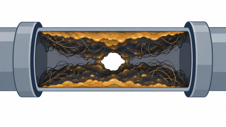 Cross section of a drain pipe narrowed by grease and hair buildup, leaving only a small opening