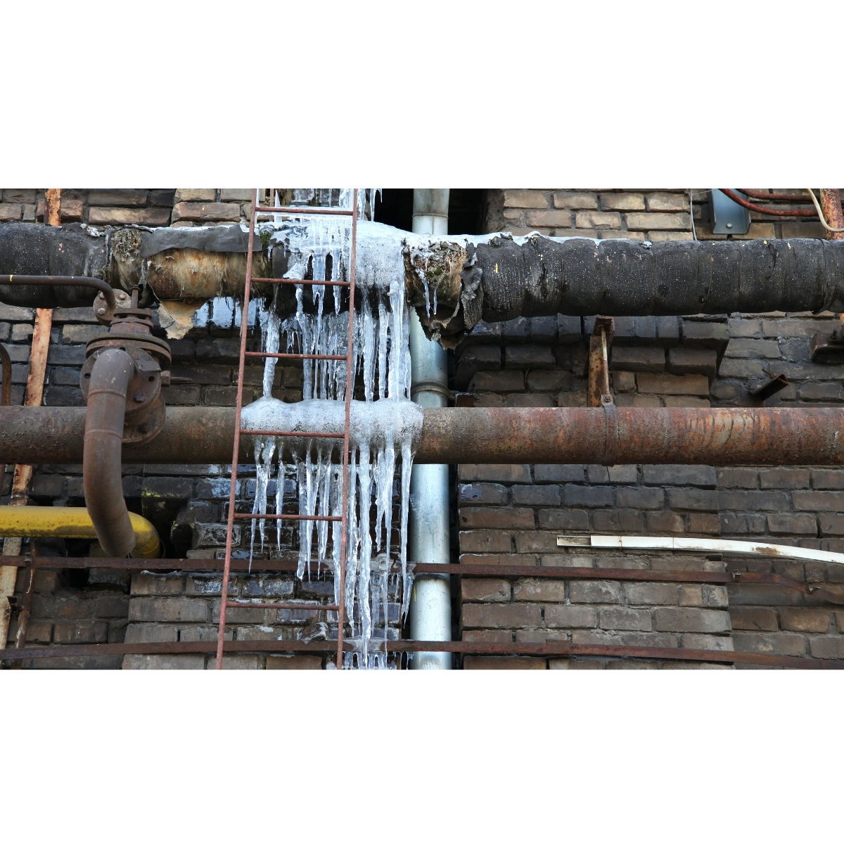 Frozen pipes with icicles forming on exposed plumbing, highlighting winter plumbing challenges.